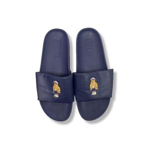 Polo by Ralph Lauren Cayson Navy Bear Slide Sandals with Yellow Bear Accent